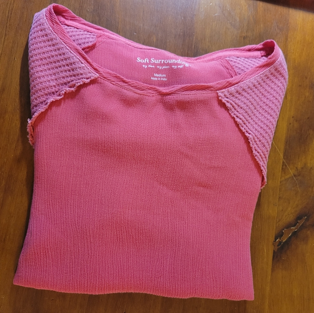Soft Surroundings Gauze April Tee Tunic Waffle Knit Sleeve Top Pink Coral Medium - Picture 4 of 7